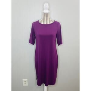 Eileen Fisher Purple Knit Dress Viscose Women XS Short Sleeve Curved Hem Casual